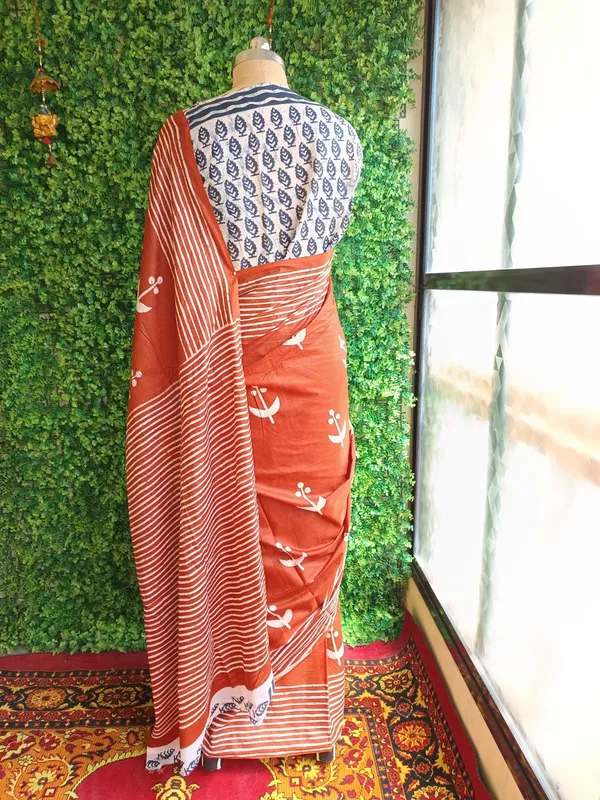 Brick_color_Pure_Cotton_Mul_Mul_Jaipur_Block_Print_Saree