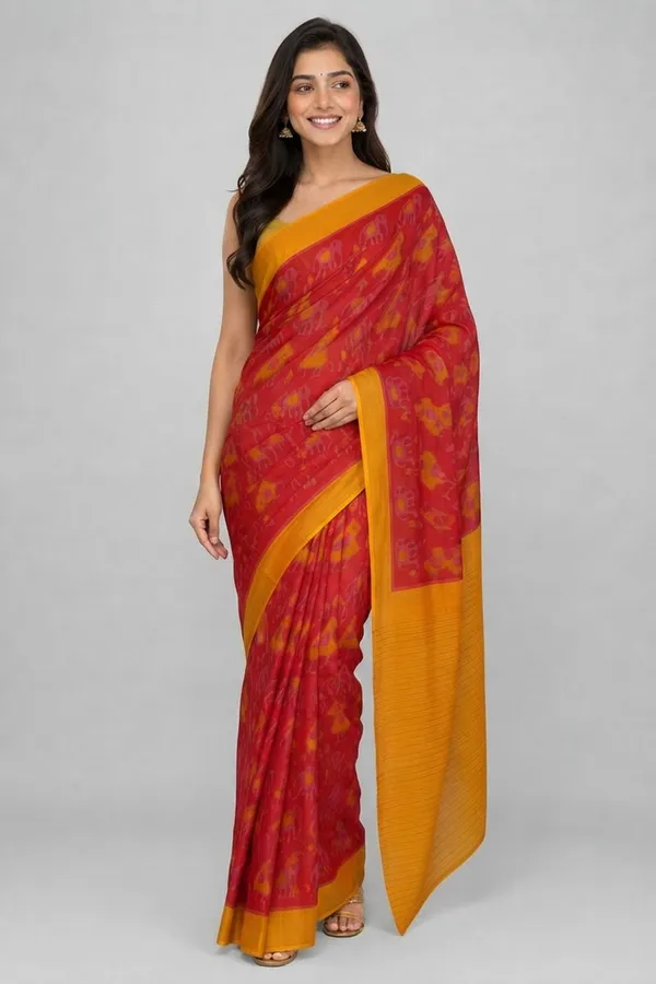 Red_Pure_Cotton_Printed_Mulmul_Saree_For_Women