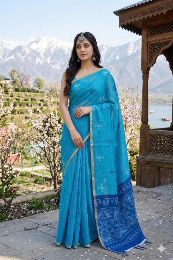Blue_(Rama)_color_Bandani_Print_Cotton_Casual_Light_Weight_Saree