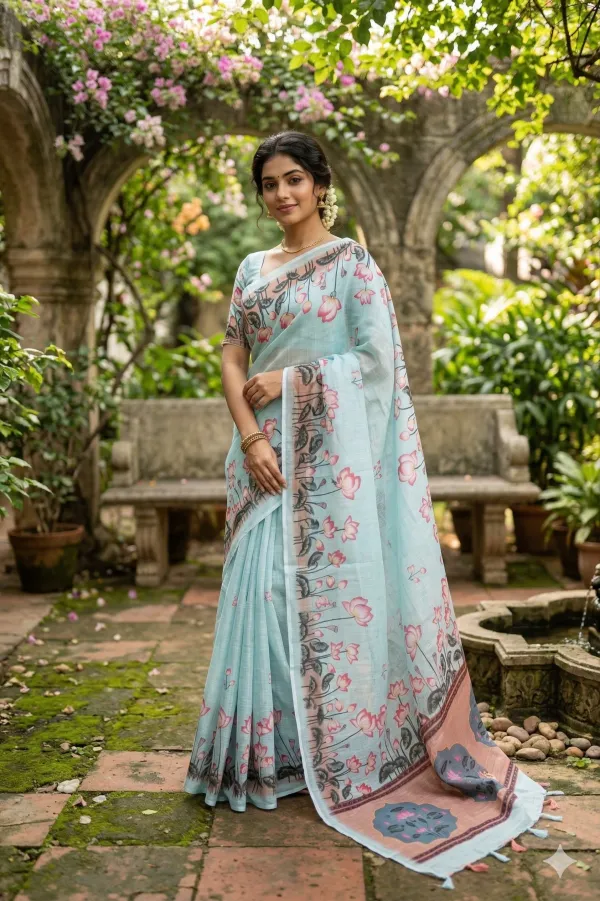 Lotus_Design_Baby_Blue_Colour_Cotton_Printed_Casual_Light_Weight_Saree_For_Women