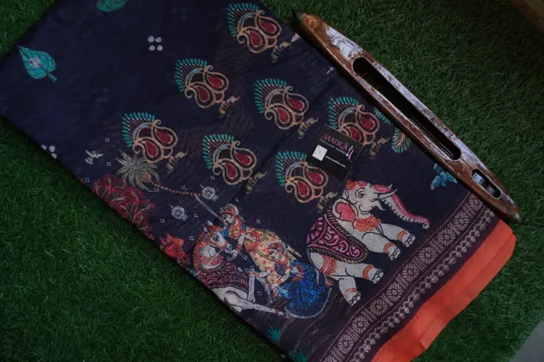 Charcoal_Black_color_Kalamkari_Printed_Saree