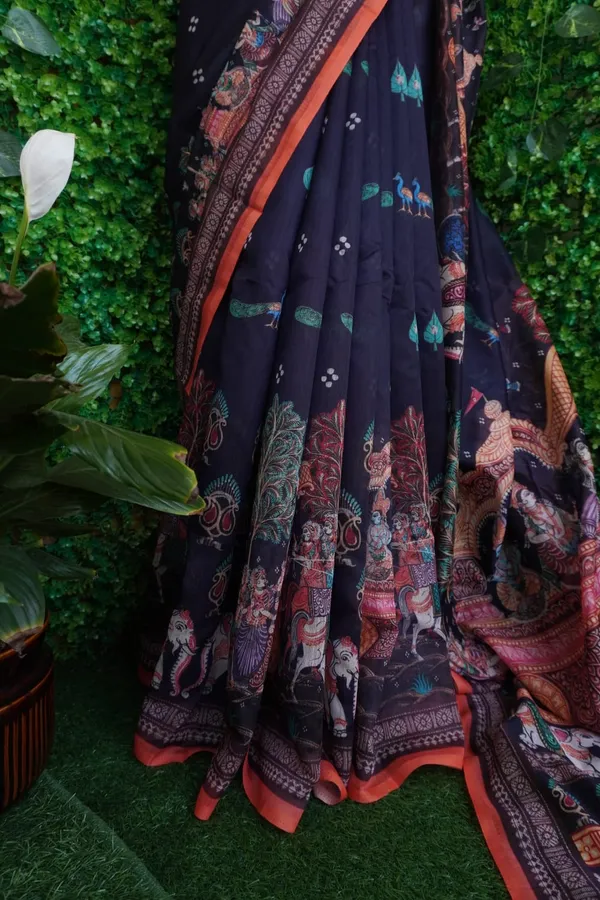 Charcoal_Black_color_Kalamkari_Printed_Saree