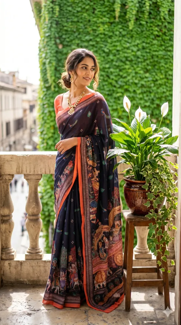 Charcoal_Black_color_Kalamkari_Printed_Saree