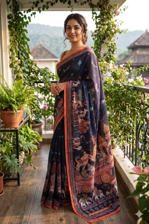 Charcoal_Black_color_Kalamkari_Printed_Saree