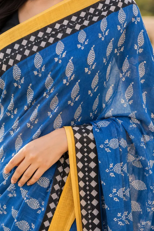 Ink_Blue_color_Printed_Linen_Cotton_Saree