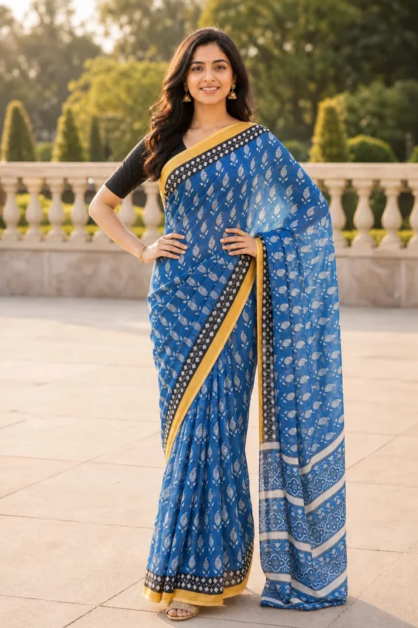 Ink_Blue_color_Printed_Linen_Cotton_Saree