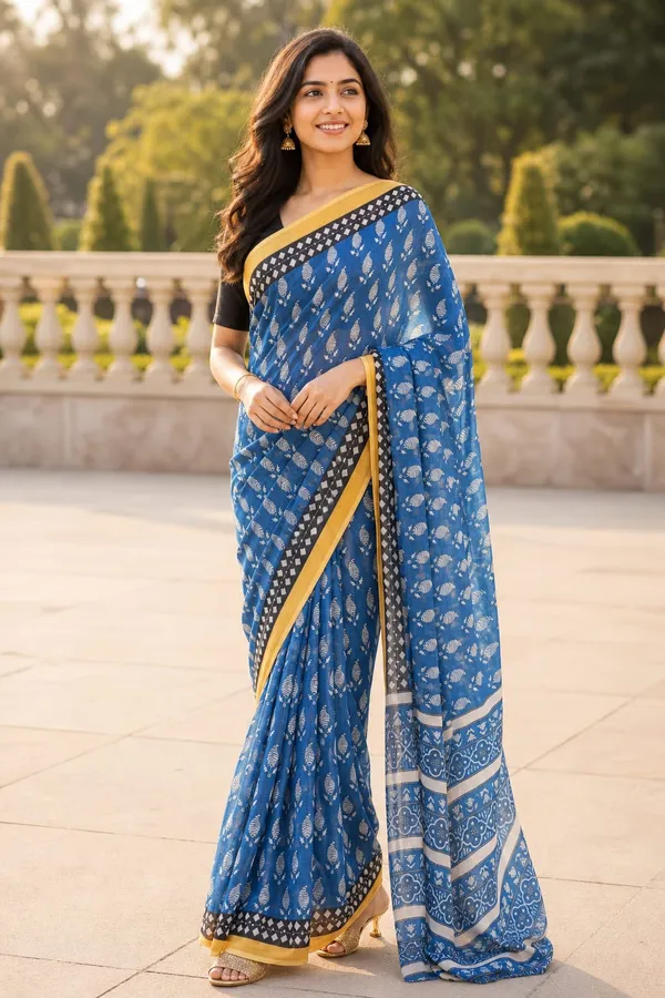 Ink_Blue_color_Printed_Linen_Cotton_Saree