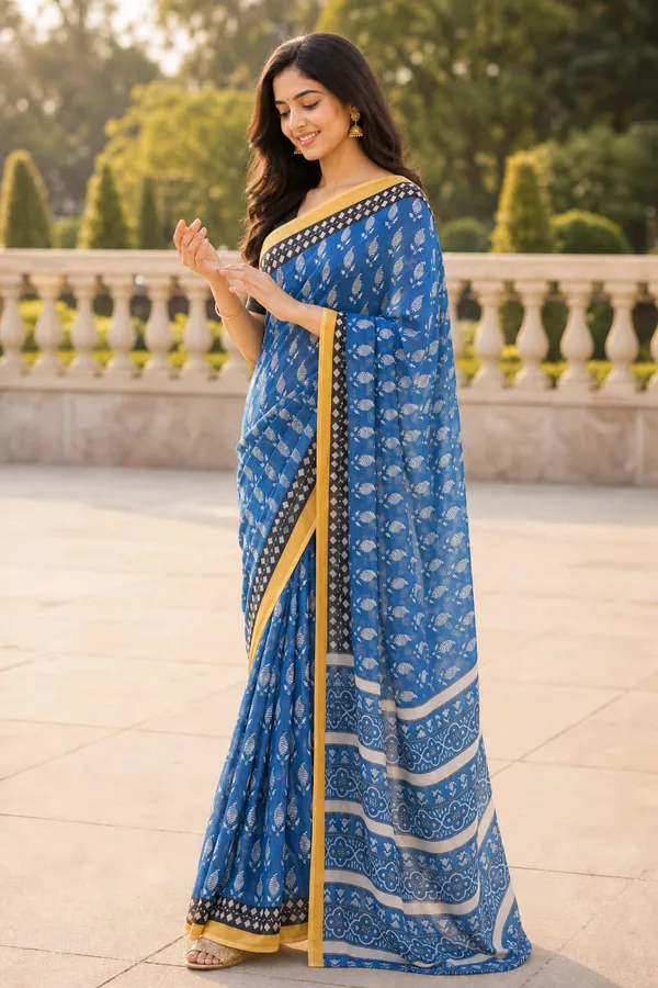 Ink_Blue_color_Printed_Linen_Cotton_Saree