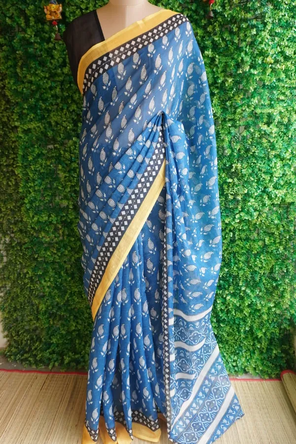 Ink_Blue_color_Printed_Linen_Cotton_Saree