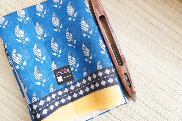 Ink_Blue_color_Printed_Linen_Cotton_Saree