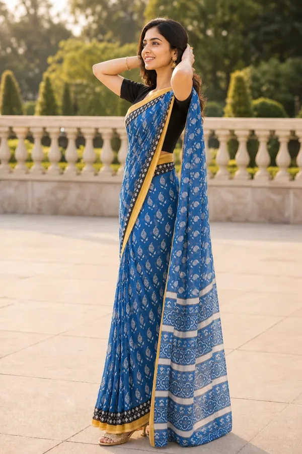 Ink_Blue_color_Printed_Linen_Cotton_Saree