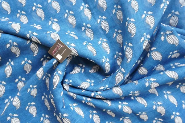 Ink_Blue_color_Printed_Linen_Cotton_Saree