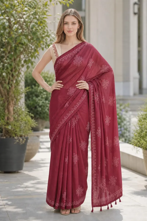 Kolam_design_Printed_Umber_Brown_color_Chanderi_Cotton_Saree_
