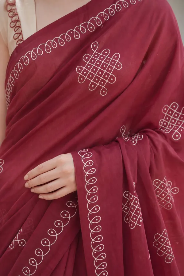 Kolam_design_Printed_Umber_Brown_color_Chanderi_Cotton_Saree_