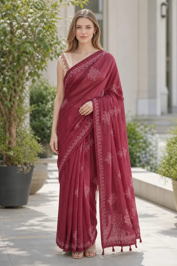 Kolam_design_Printed_Umber_Brown_color_Chanderi_Cotton_Saree_