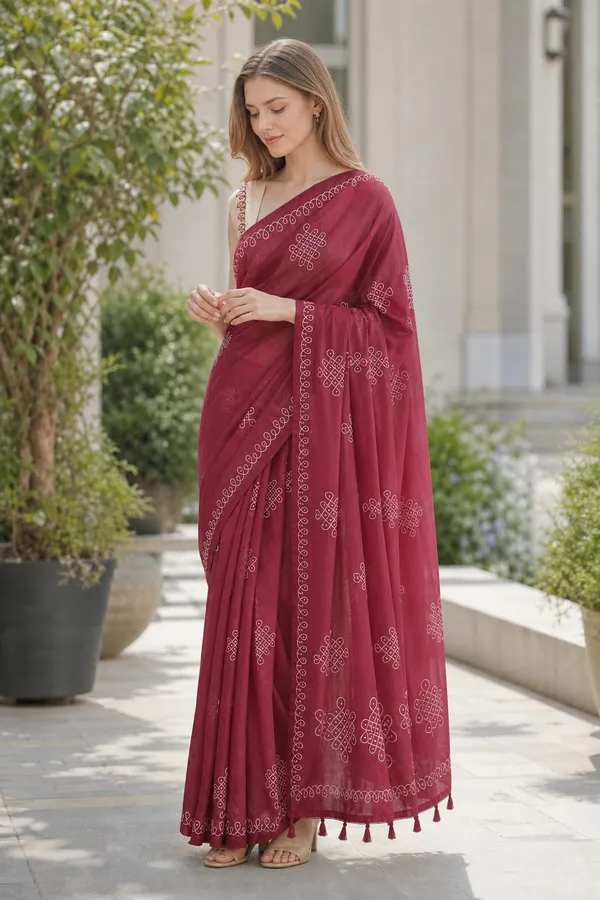 Kolam_design_Printed_Umber_Brown_color_Chanderi_Cotton_Saree_