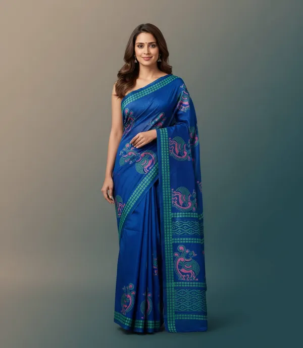 Blue_color_Beautiful_Printed_Tusshar_Silk_Saree_for_Women