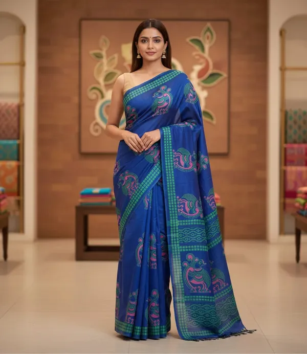 Blue_color_Beautiful_Printed_Tusshar_Silk_Saree_for_Women