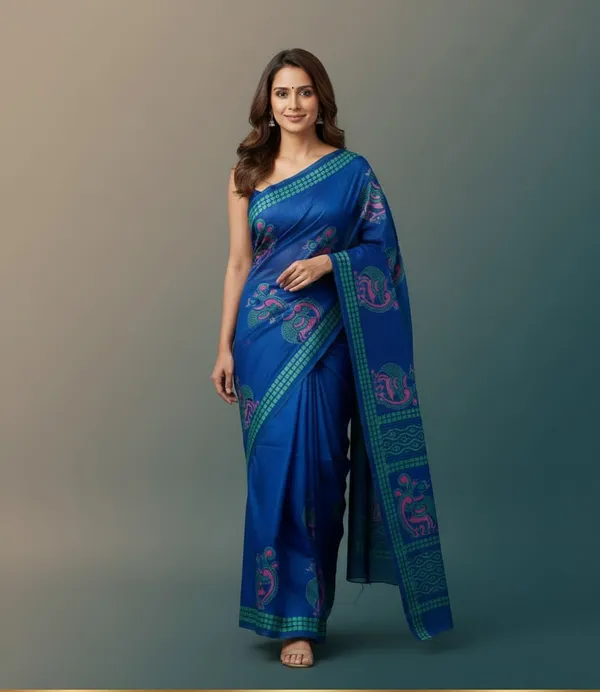 Blue_color_Beautiful_Printed_Tusshar_Silk_Saree_for_Women