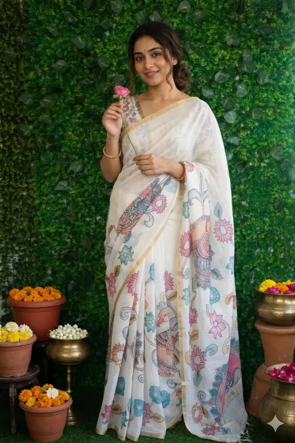 Thanjavur_Painting_Design_Printed_Half_White_Linen_Cotton_Casual_Light_Weight_Saree_For_Women