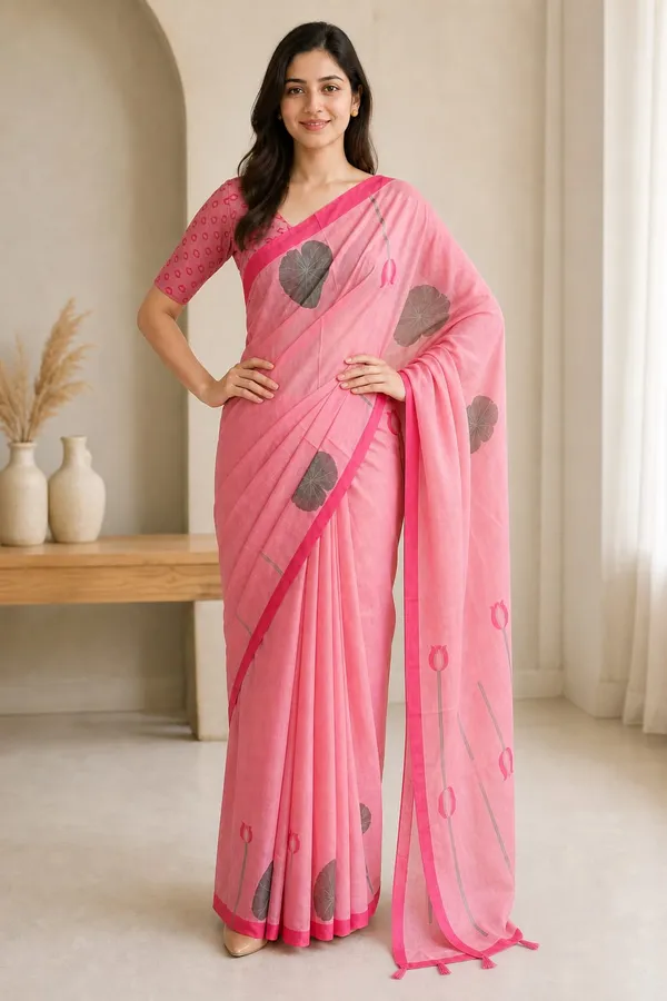 Chanderi_Cotton_Saree_Lotus_Leaf_Design_Printed_Baby_Pink_color__Chanderi_Cotton_Saree