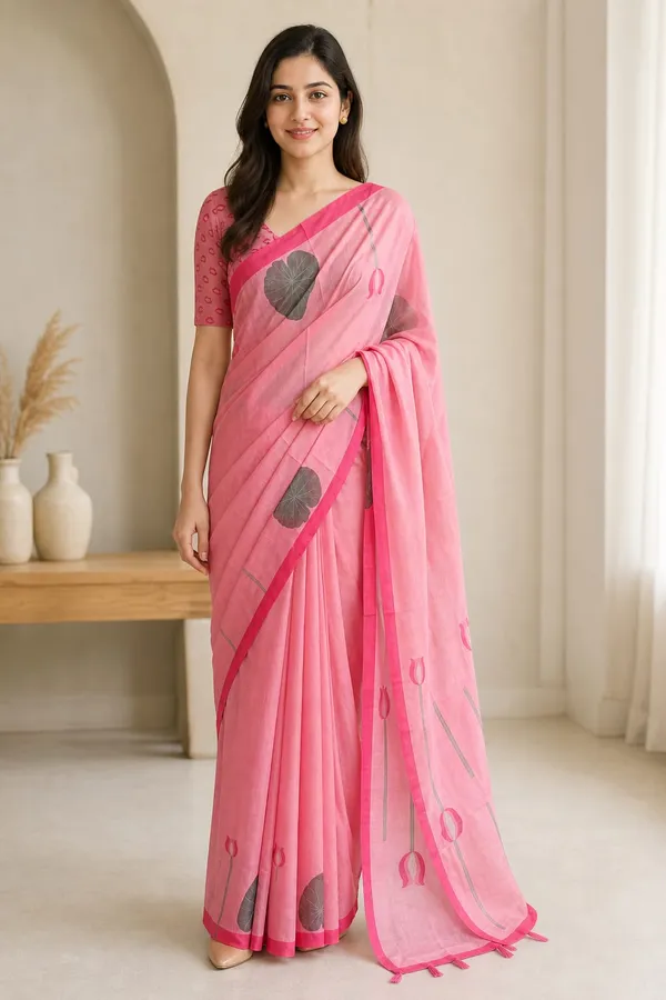 Chanderi_Cotton_Saree_Lotus_Leaf_Design_Printed_Baby_Pink_color__Chanderi_Cotton_Saree