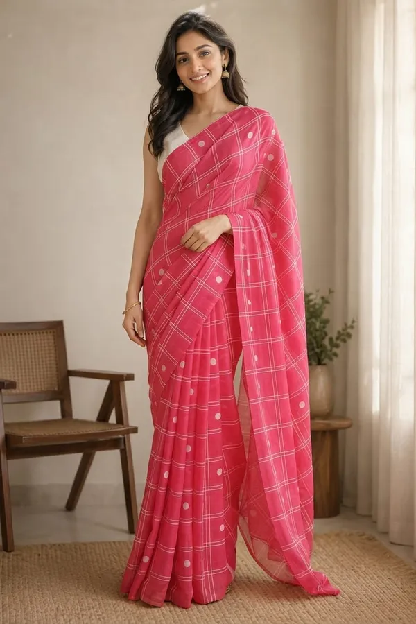 Flamingo_Pink_color_Big_Checkered_Printed_Chanderi_Cotton_Saree