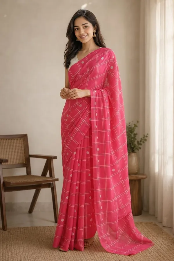 Flamingo_Pink_color_Big_Checkered_Printed_Chanderi_Cotton_Saree