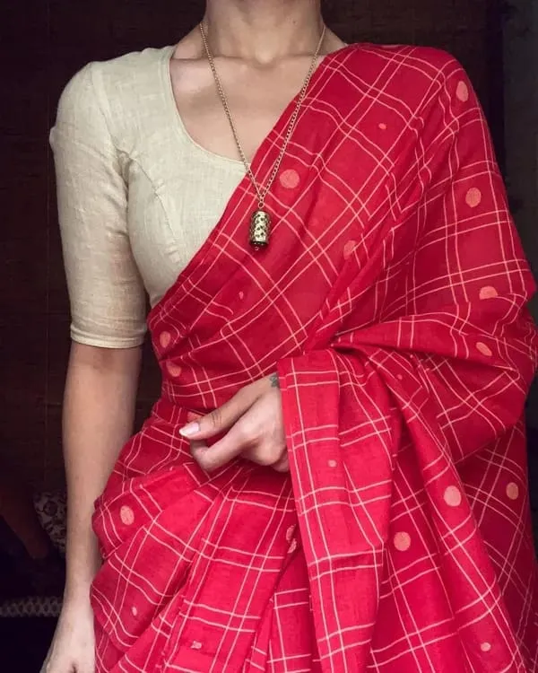 Flamingo_Pink_color_Big_Checkered_Printed_Chanderi_Cotton_Saree