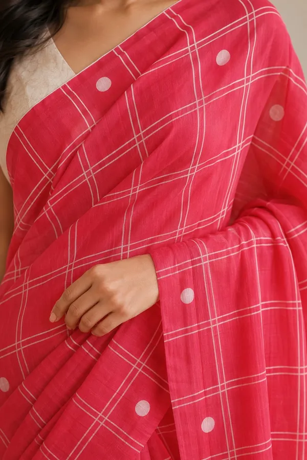 Flamingo_Pink_color_Big_Checkered_Printed_Chanderi_Cotton_Saree