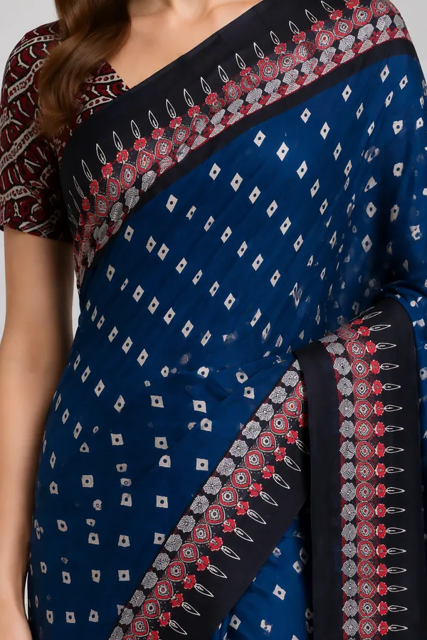 Ink_Blue_colour_Bandani_and_Ajrakh_Printed_Tusshar_Silk_Saree