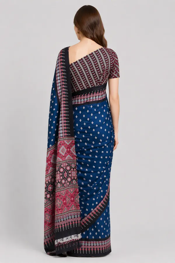 Ink_Blue_colour_Bandani_and_Ajrakh_Printed_Tusshar_Silk_Saree