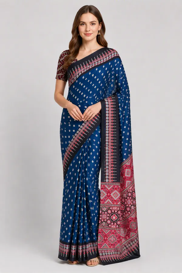 Ink_Blue_colour_Bandani_and_Ajrakh_Printed_Tusshar_Silk_Saree