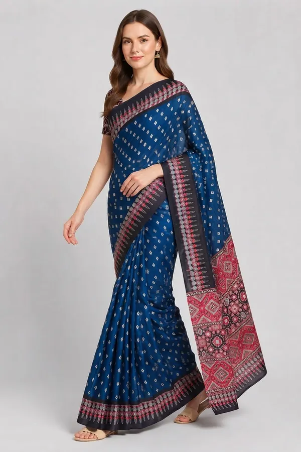Ink_Blue_colour_Bandani_and_Ajrakh_Printed_Tusshar_Silk_Saree