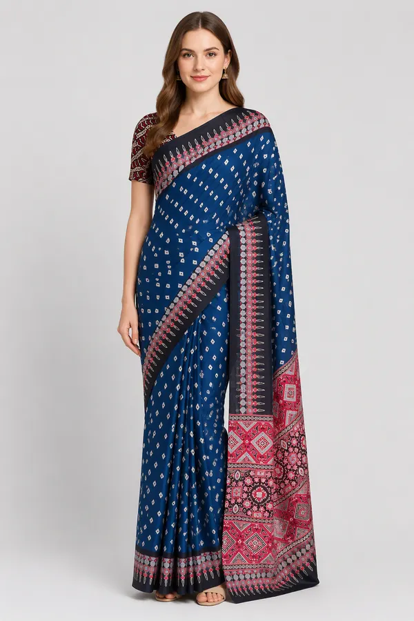 Ink_Blue_colour_Bandani_and_Ajrakh_Printed_Tusshar_Silk_Saree
