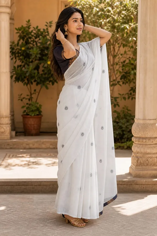 Milk_White_color_Small_flower_print_Chanderi_Cotton_Saree_