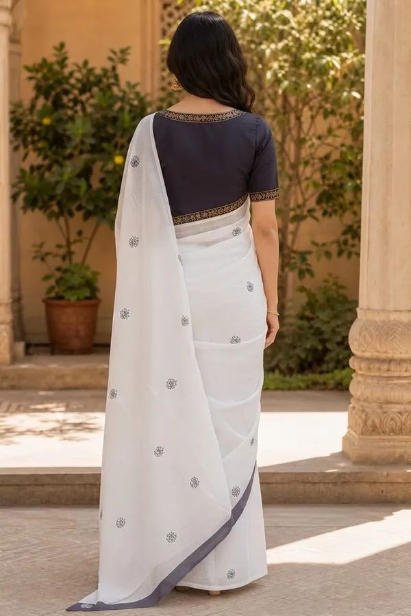 Milk_White_color_Small_flower_print_Chanderi_Cotton_Saree_