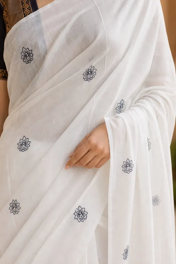 Milk_White_color_Small_flower_print_Chanderi_Cotton_Saree_