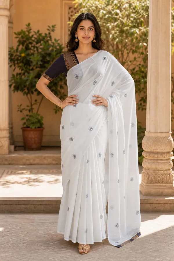 Milk_White_color_Small_flower_print_Chanderi_Cotton_Saree_