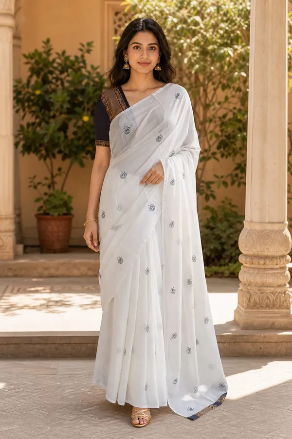 Milk_White_color_Small_flower_print_Chanderi_Cotton_Saree_