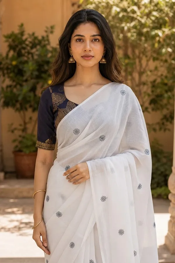 Milk_White_color_Small_flower_print_Chanderi_Cotton_Saree_