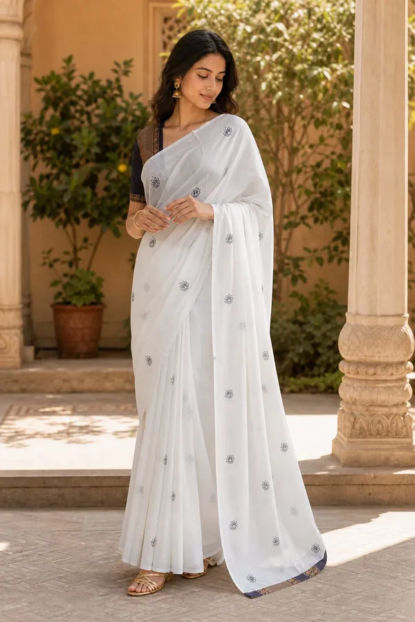 Milk_White_color_Small_flower_print_Chanderi_Cotton_Saree_