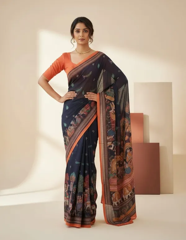 Charcoal_Black_color_Kalamkari_Printed_Saree