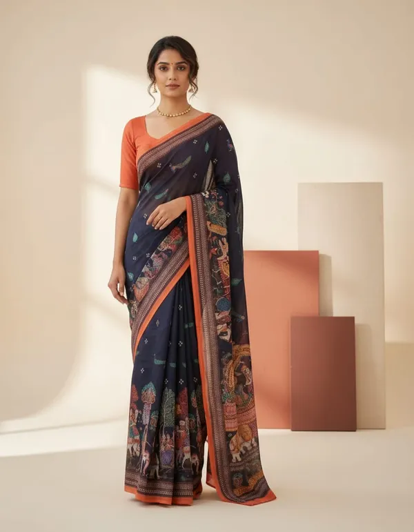 Charcoal_Black_color_Kalamkari_Printed_Saree