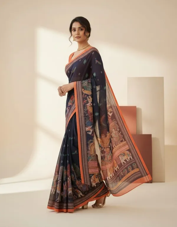 Charcoal_Black_color_Kalamkari_Printed_Saree