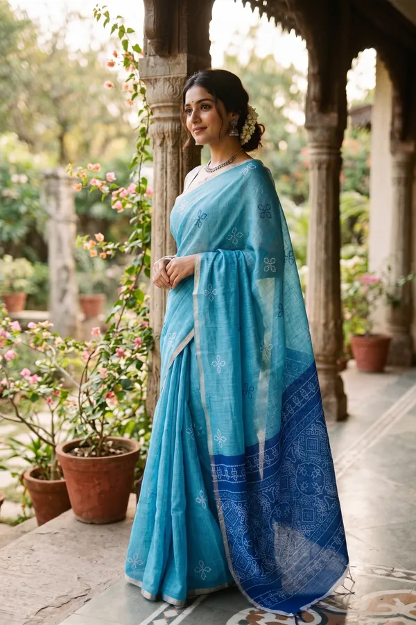 Blue_(Rama)_color_Bandani_Print_Cotton_Casual_Light_Weight_Saree