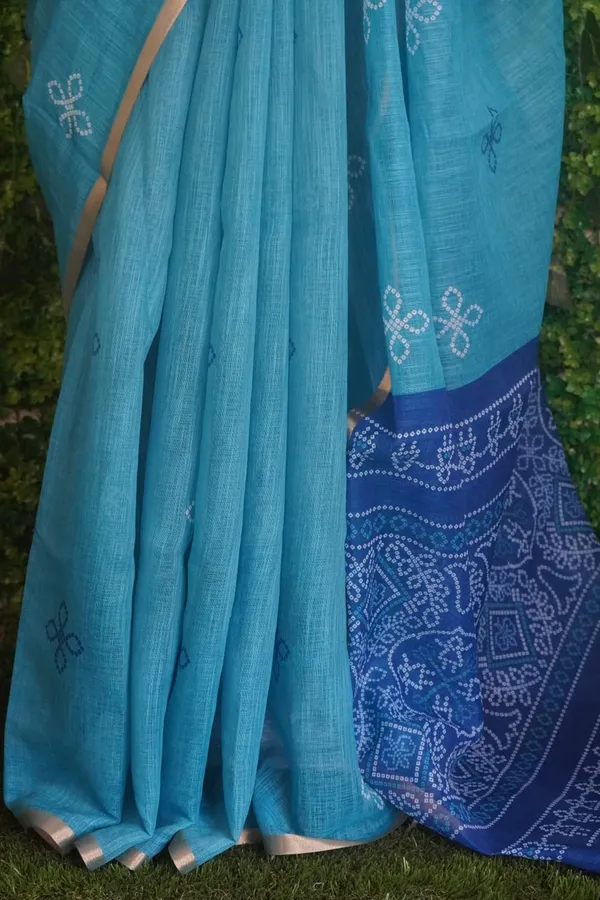 Blue_(Rama)_color_Bandani_Print_Cotton_Casual_Light_Weight_Saree