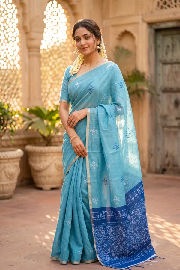 Blue_(Rama)_color_Bandani_Print_Cotton_Casual_Light_Weight_Saree