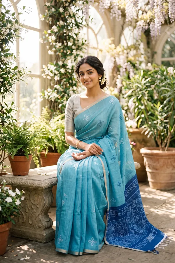 Blue_(Rama)_color_Bandani_Print_Cotton_Casual_Light_Weight_Saree