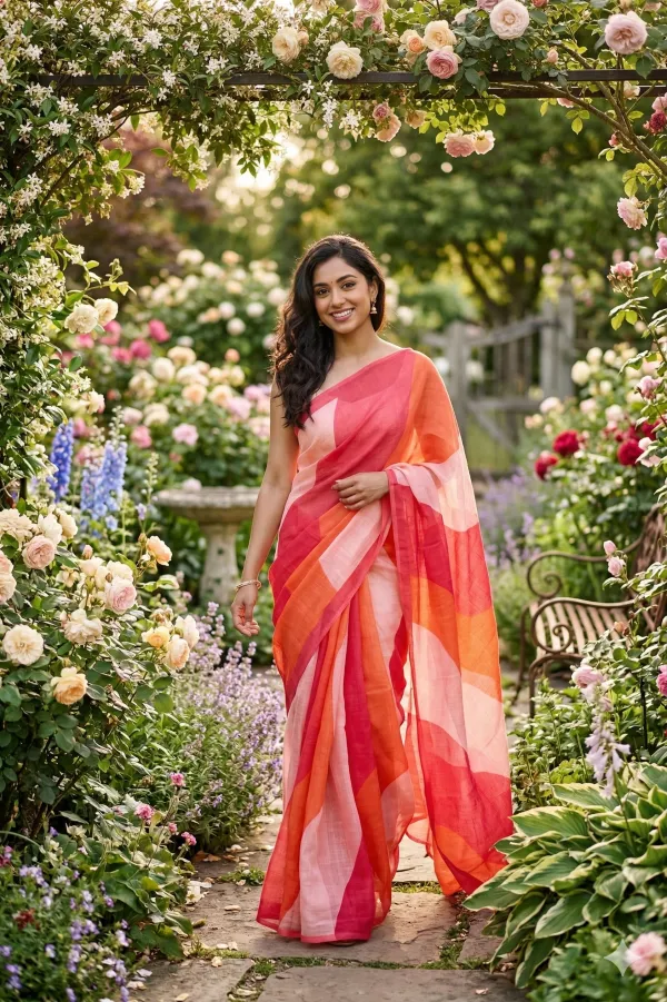 Multicolor_(_pink,_orange,_Baby_pink_)_Linen_Cotton_Printed_Saree_